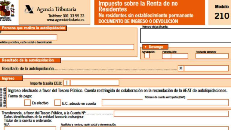 Modelo 210 de la Agencia Tributaria para el Impuesto sobre la Renta de no Residentes