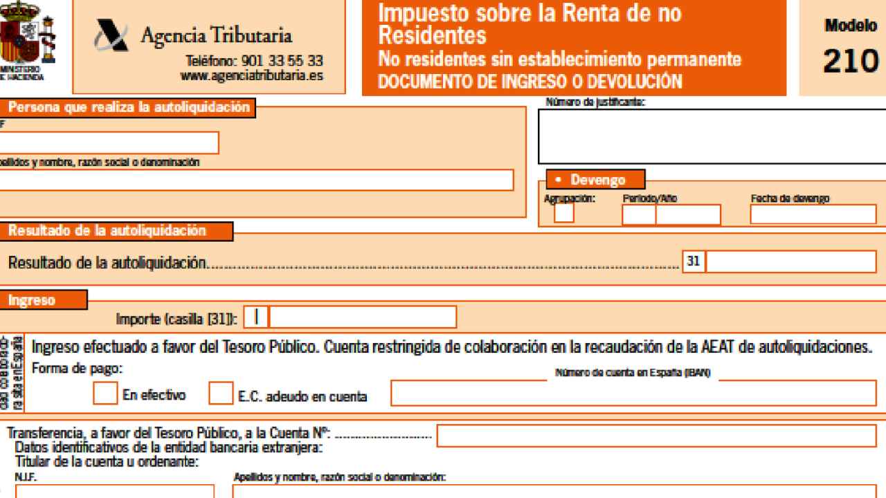 Modelo 210 de la Agencia Tributaria para el Impuesto sobre la Renta de no Residentes