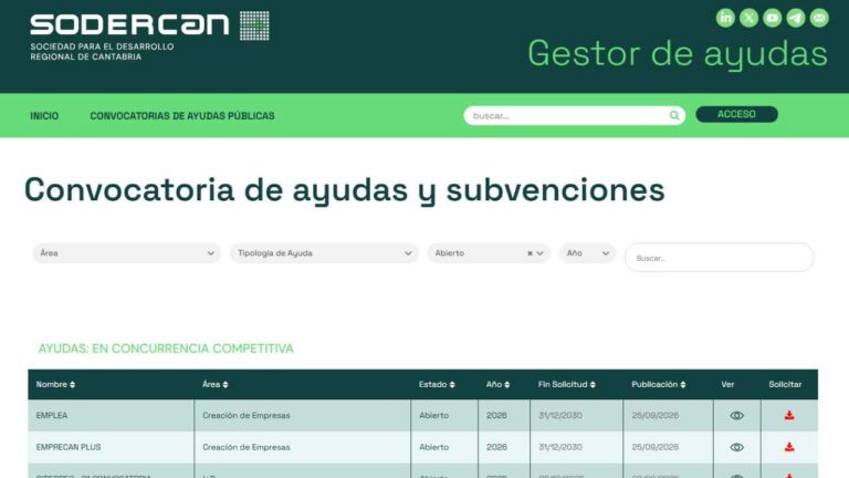 Gestor de ayudas de SODERCAN con la convocatoria Emplea abierta en Cantabria