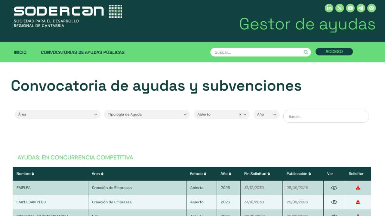 Gestor de ayudas de SODERCAN con la convocatoria Emplea abierta en Cantabria