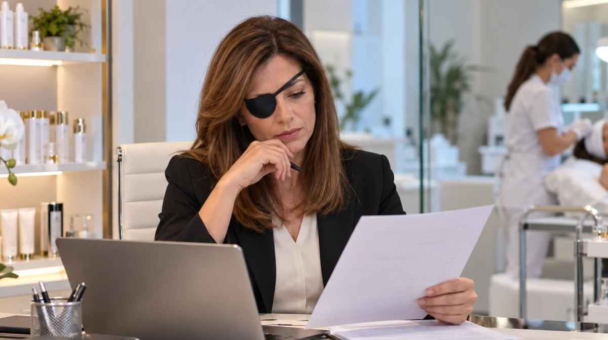 Mujer con parche ocular revisando documentos y trabajando con un ordenador en una clínica