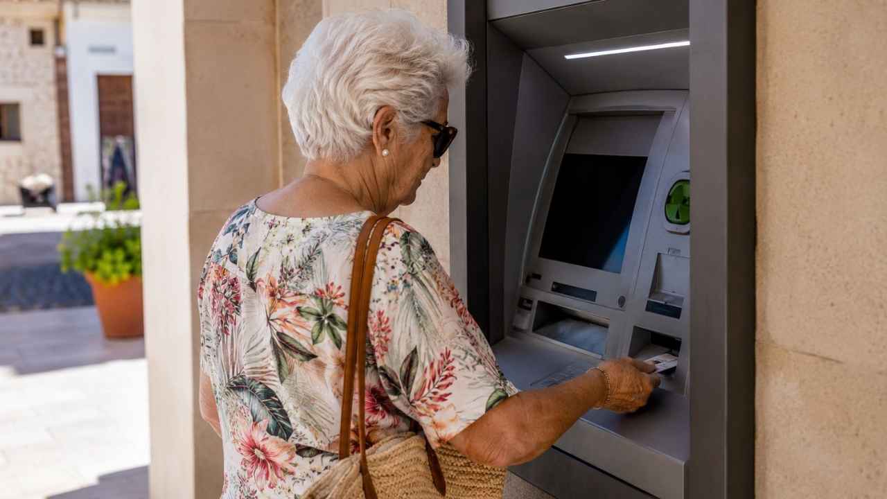 Mujer mayor retirando dinero de un cajero automático