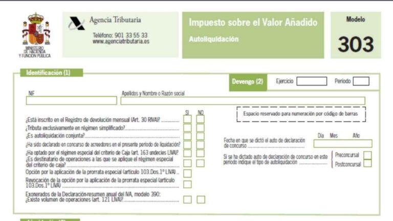 Reproducción del modelo 303 del IVA con los apartados de identificación y liquidación.