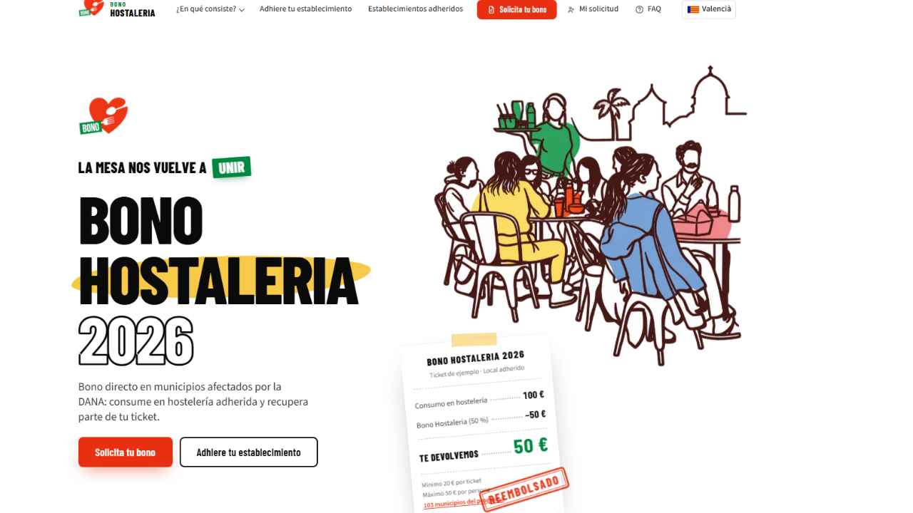 Captura de la web del Bono Hostaleria 2026 con una ilustración de clientes y un ejemplo de reembolso de 50 euros.
