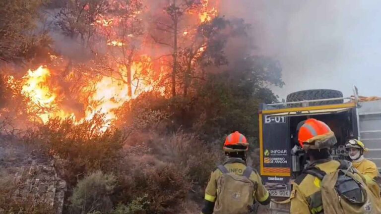 Efectivos de INFOAR trabajando en la extinción de un incendio forestal en Aragón