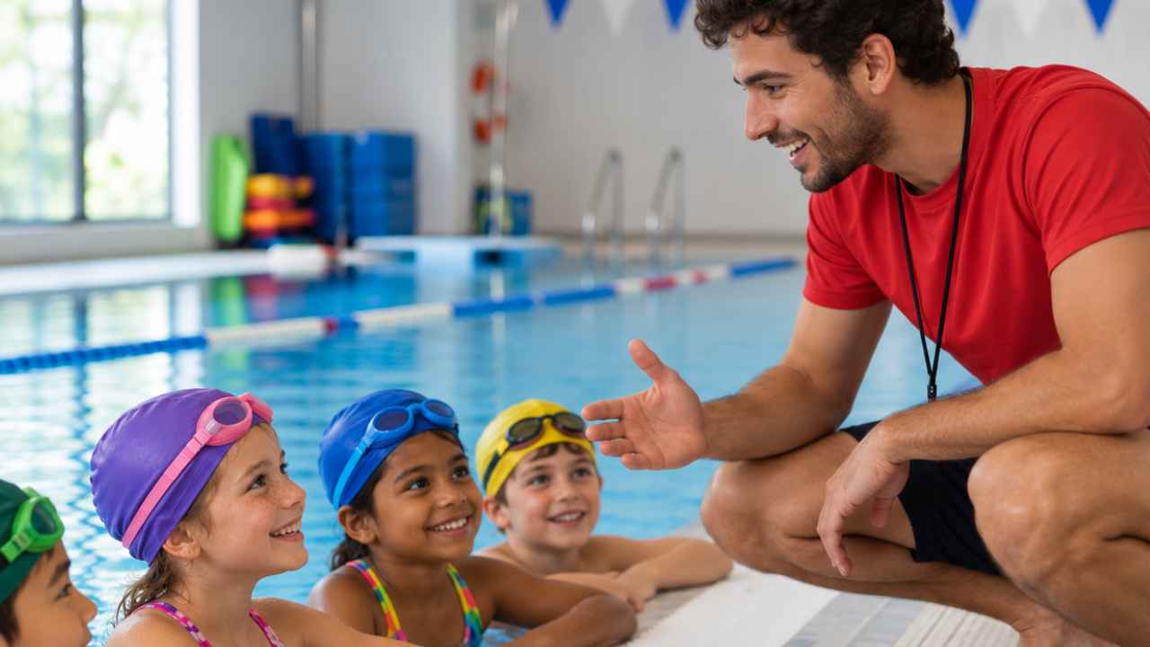 Monitor de natación dando indicaciones a varios niños en una piscina