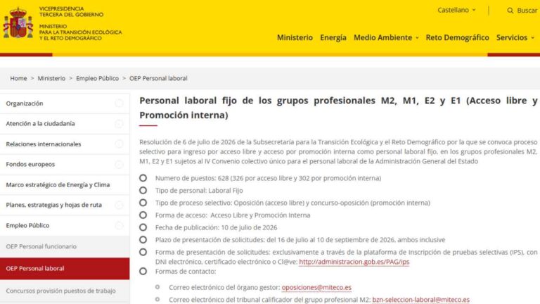 Página del MITECO sobre la convocatoria de personal laboral fijo