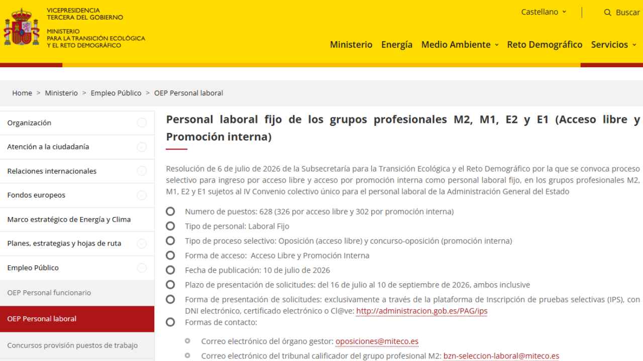 Página del MITECO sobre la convocatoria de personal laboral fijo