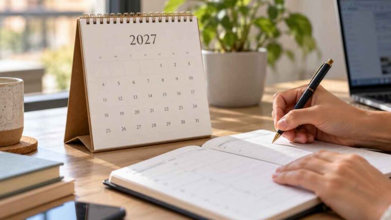 Calendario de 2027 junto a una agenda en la que una persona anota sus planes de vacaciones.