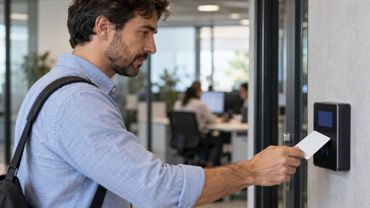 Un trabajador ficha con una tarjeta en un terminal de registro horario.