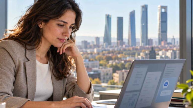 Mujer trabajando con un ordenador portátil en una oficina, con las Cuatro Torres de Madrid al fondo.