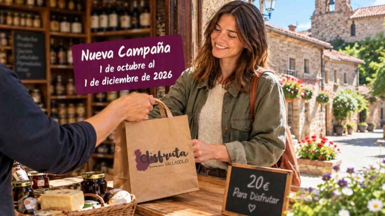 Clienta recibiendo una bolsa de compra en un comercio, junto a carteles de Disfruta Provincia de Valladolid.