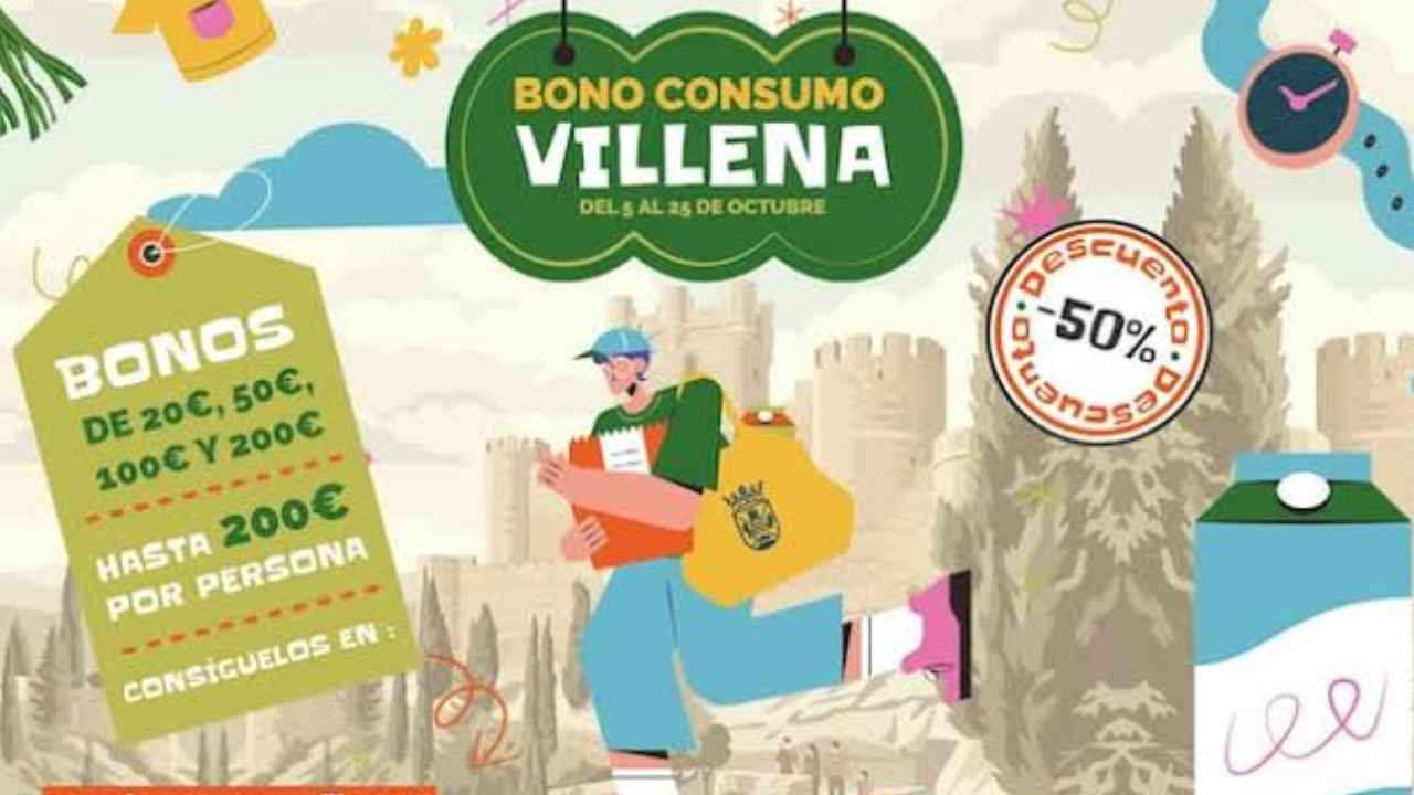 Cartel del Bono Consumo Villena del 5 al 25 de octubre, con bonos de hasta 200 euros por persona subvencionados al 50%.