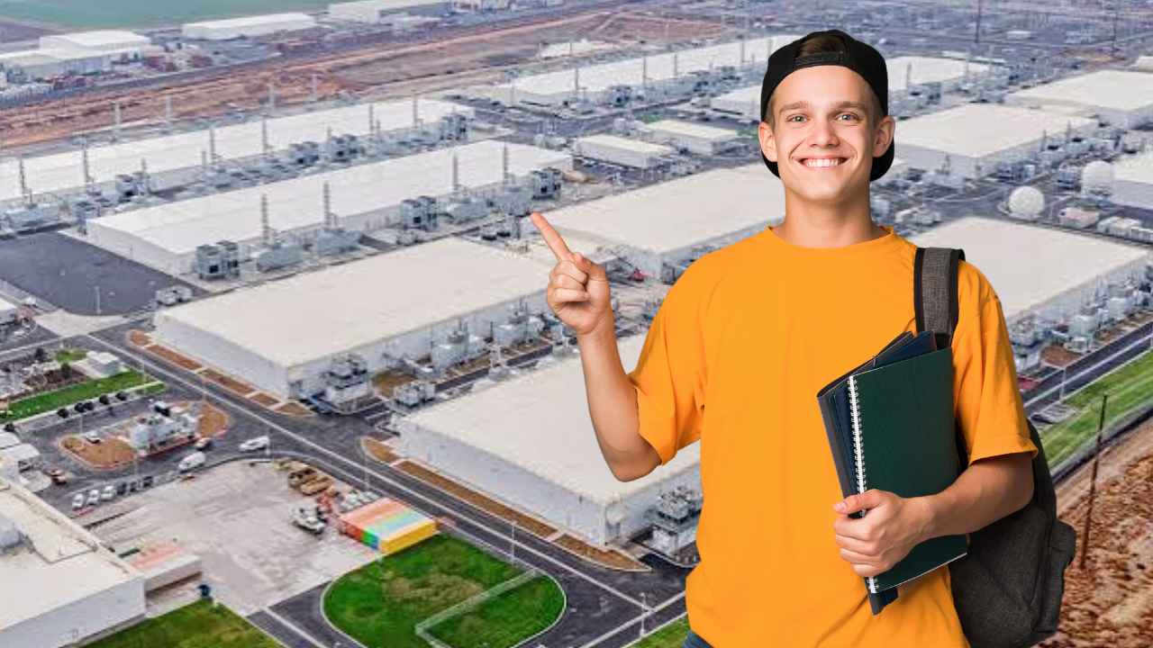 Montaje de un joven con mochila y cuadernos sobre una vista aérea de un complejo de edificios.