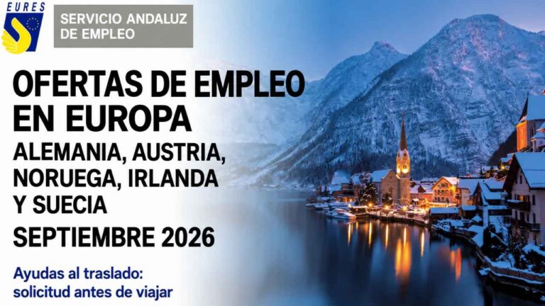 Cartel de ofertas EURES en Alemania, Austria, Noruega, Irlanda y Suecia, de septiembre de 2026, sobre un paisaje nevado austríaco.
