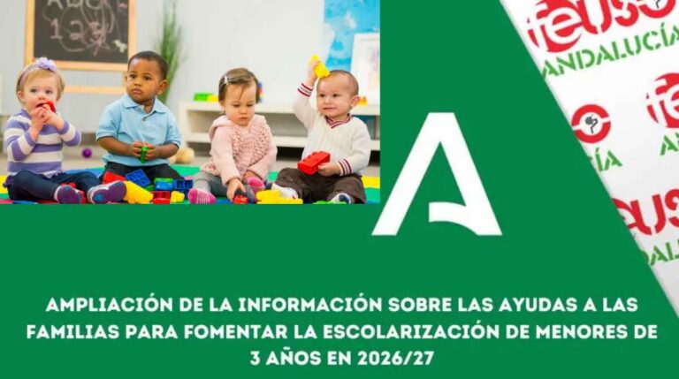 Cartel sobre las ayudas de escolarización infantil en Andalucía para el curso 2026-2027, con cuatro niños jugando.