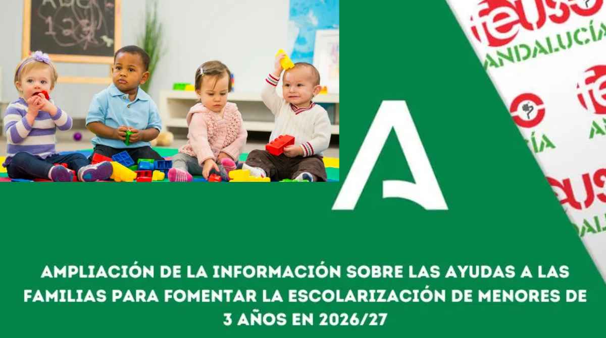 Cartel sobre las ayudas de escolarización infantil en Andalucía para el curso 2026-2027, con cuatro niños jugando.