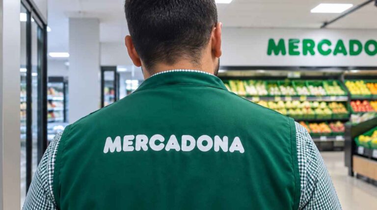 Hombre de espaldas con un chaleco de Mercadona frente a la sección de frutas y verduras.