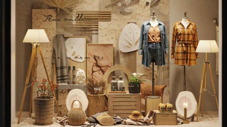 Escaparate de una tienda de ropa con dos maniquíes, lámparas y elementos decorativos en tonos naturales.