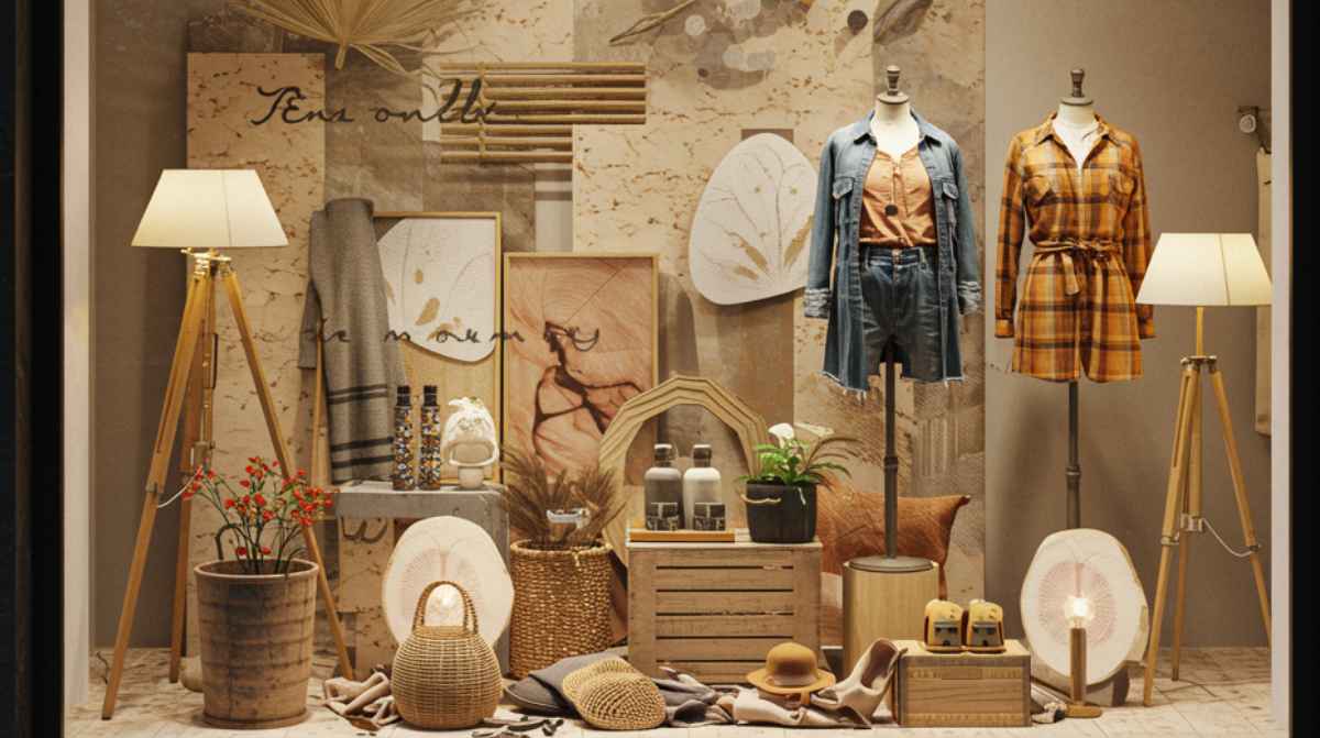 Escaparate de una tienda de ropa con dos maniquíes, lámparas y elementos decorativos en tonos naturales.