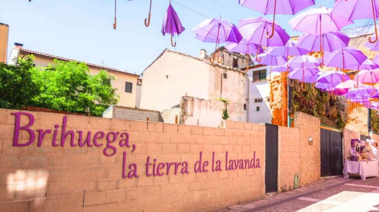 Calle de Brihuega decorada con paraguas violetas y un mural sobre la lavanda.