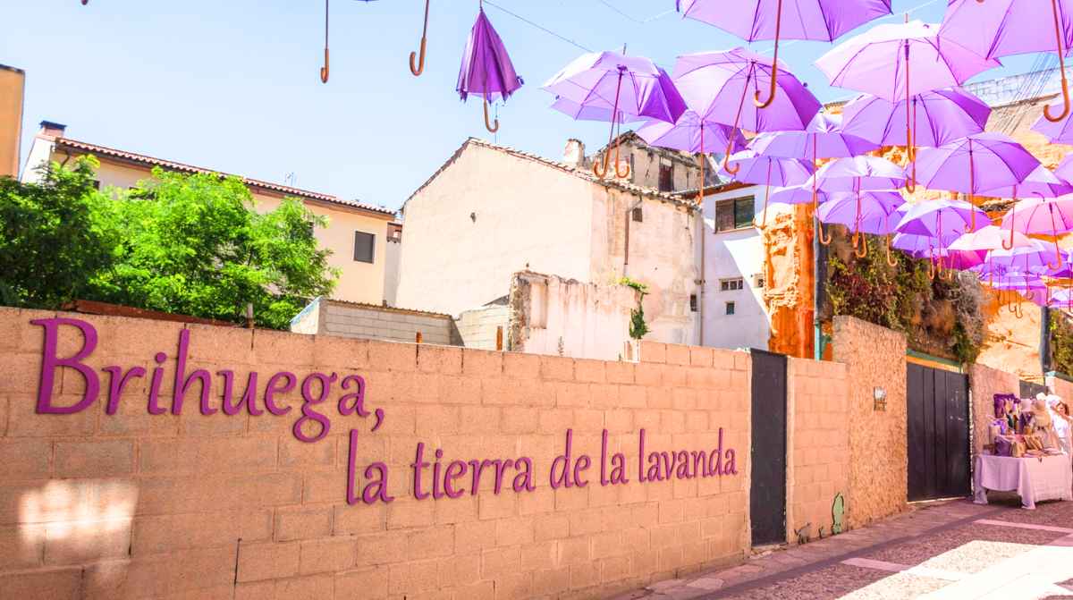 Calle de Brihuega decorada con paraguas violetas y un mural sobre la lavanda.