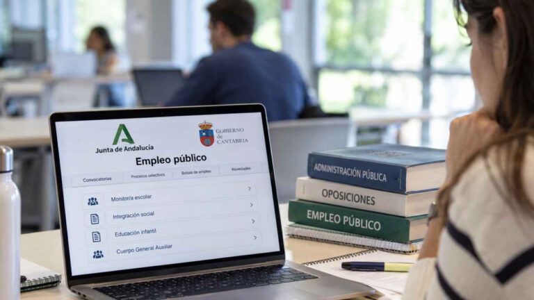 Una mujer consulta convocatorias de empleo público de Andalucía y Cantabria en un ordenador portátil junto a libros de oposiciones.