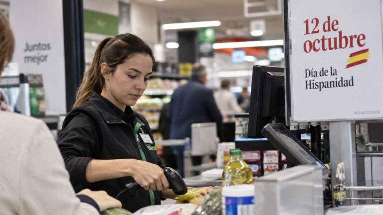 Trabajadora de un supermercado atendiendo en caja junto a un cartel del 12 de octubre, Día de la Hispanidad.