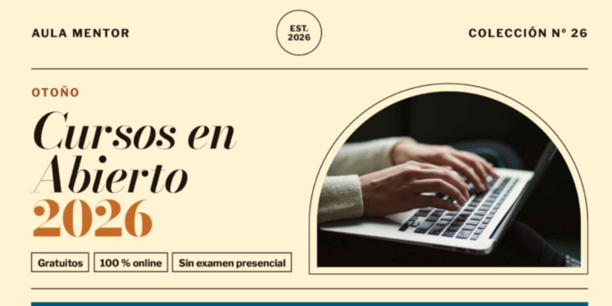 Cartel de Aula Mentor con 12 cursos gratuitos online de otoño de 2026 y matrícula del 13 al 26 de octubre.