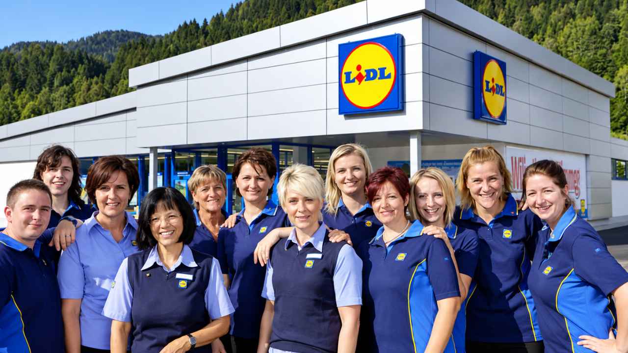 Infoemplea2 1 Grupo de trabajadoras de Lidl con uniforme corporativo azul frente a un supermercado de la cadena.