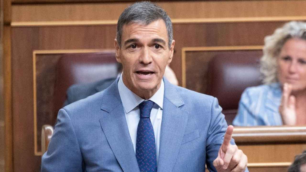 Pedro Sánchez interviene ante un micrófono desde su escaño en una cámara parlamentaria.