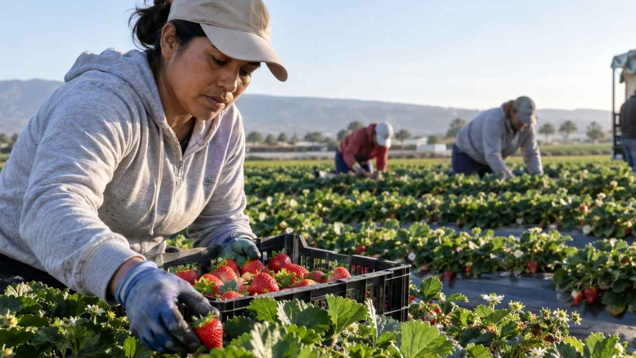 Cultivo de fresas bajo invernadero en Valdemaría, Huelva.