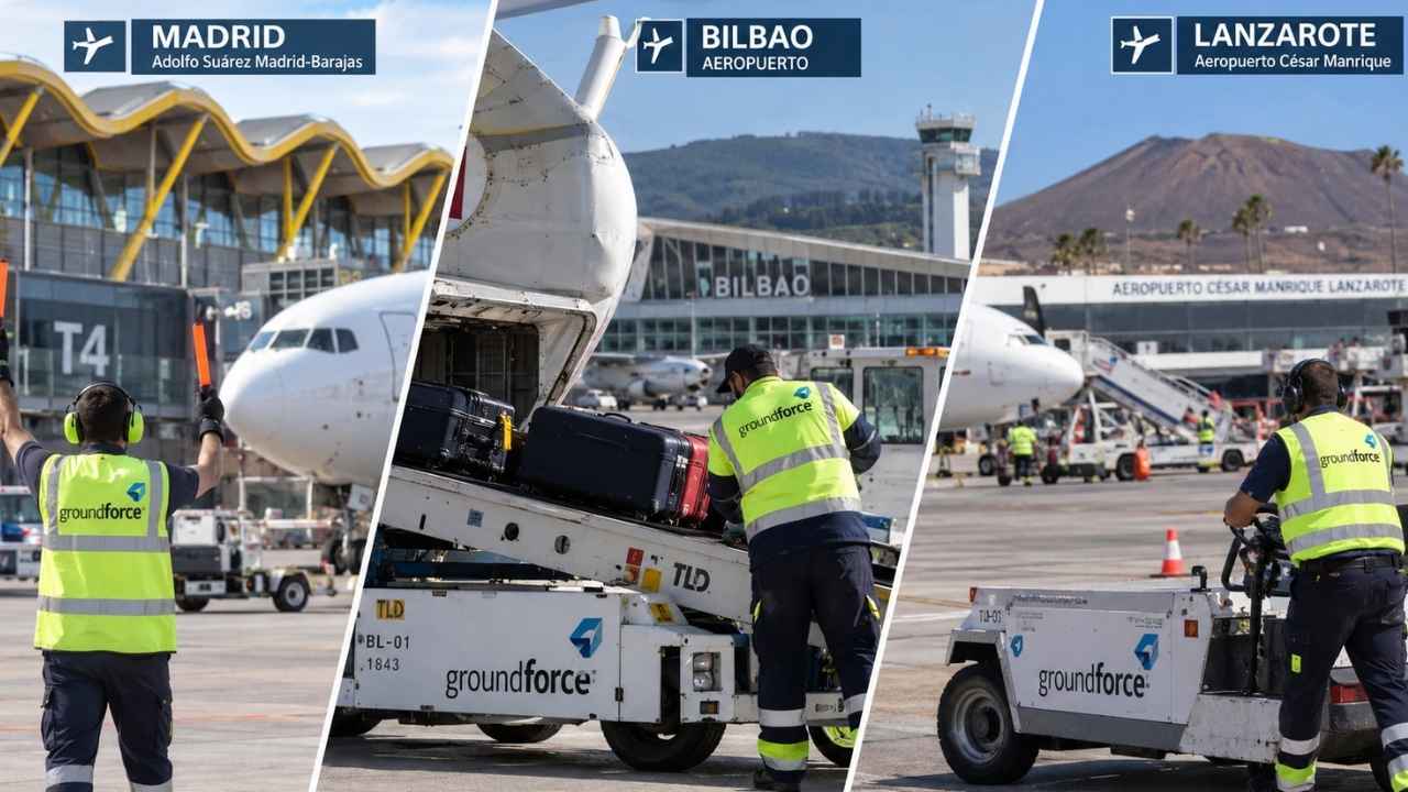 Collage ilustrativo de agentes de rampa trabajando junto a aviones y equipajes en Madrid, Bilbao y Lanzarote.