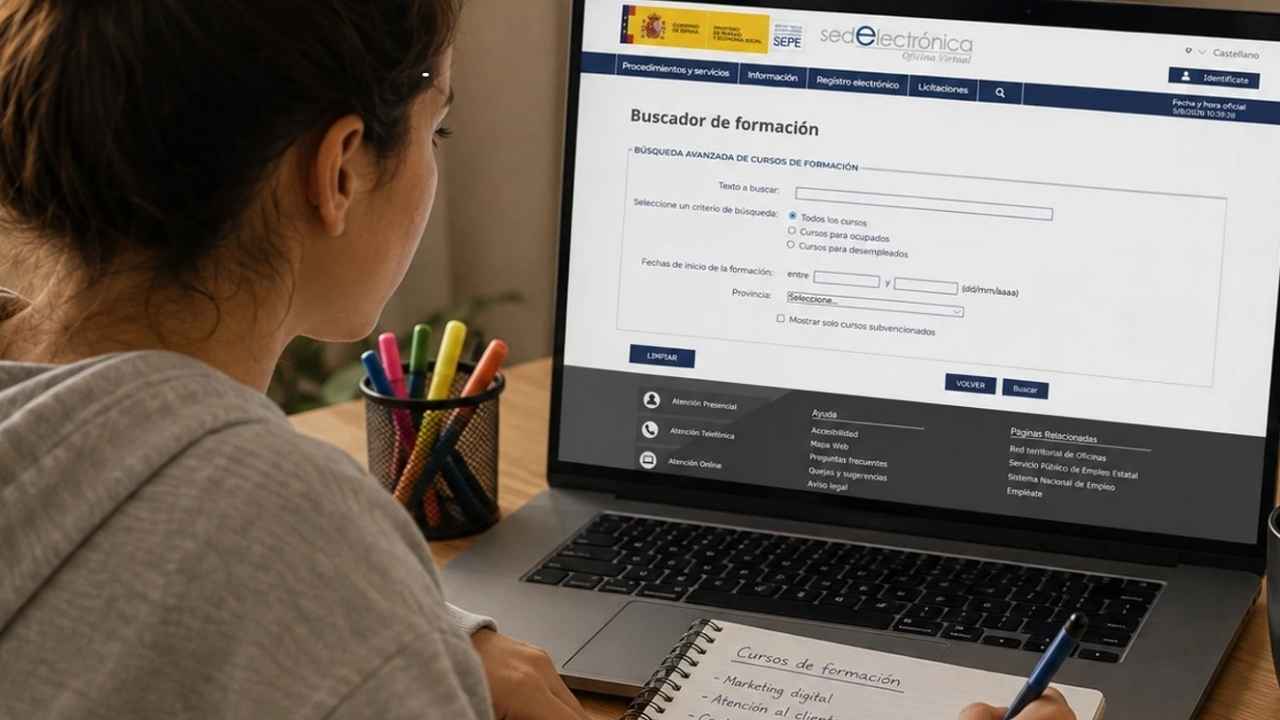 Mujer consultando un buscador de cursos del SEPE en un portátil y tomando notas en una libreta.