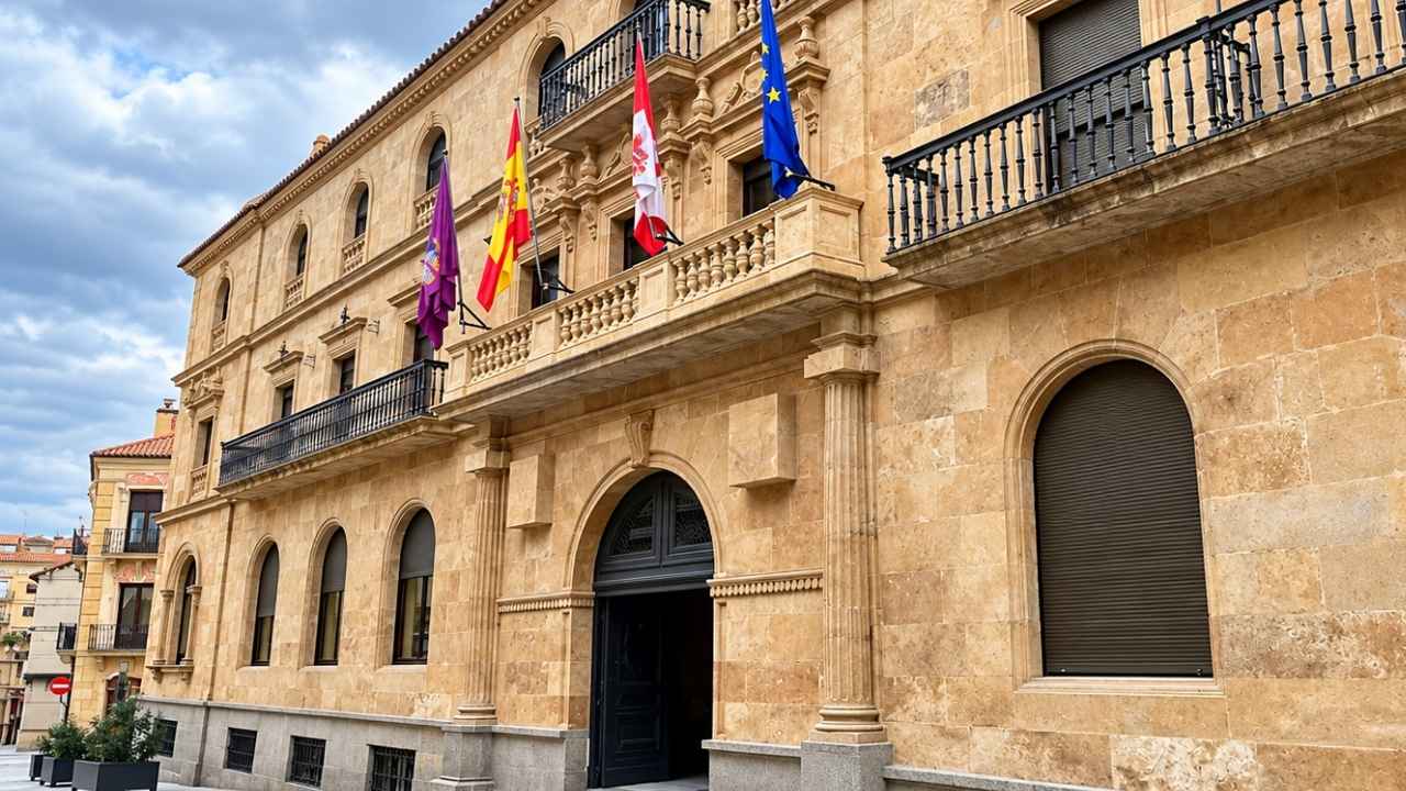 Fachada de un edificio institucional de piedra con balcones y banderas oficiales.