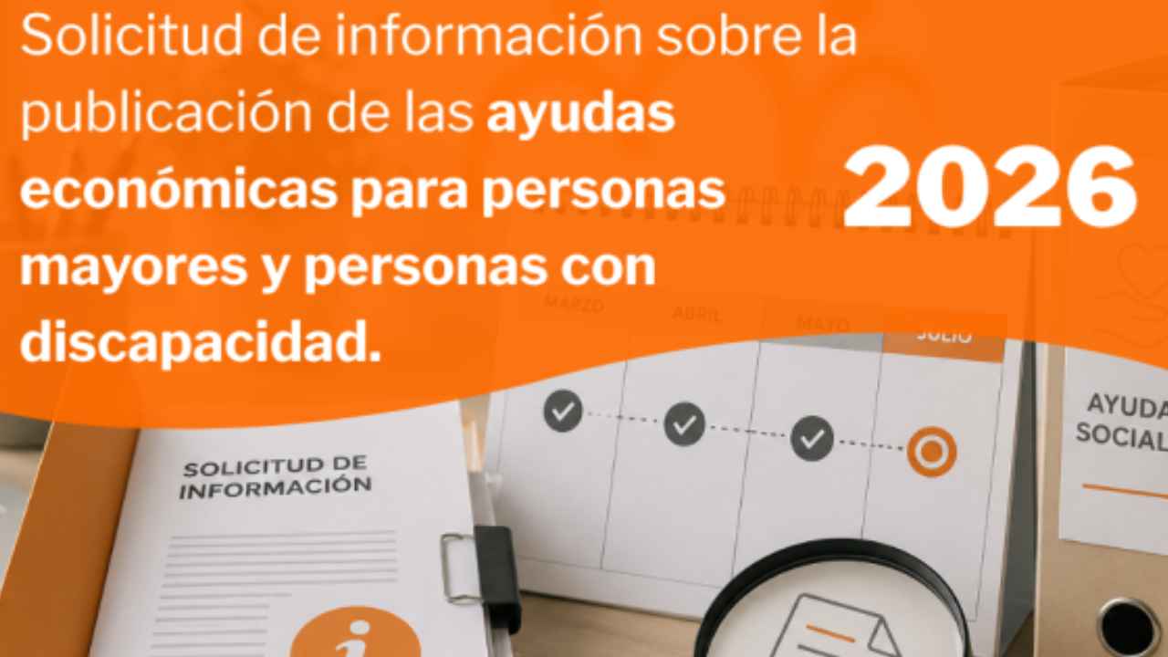 Cartel informativo sobre las ayudas económicas de 2026 para personas mayores y con discapacidad en Murcia, con documentación y calendario.