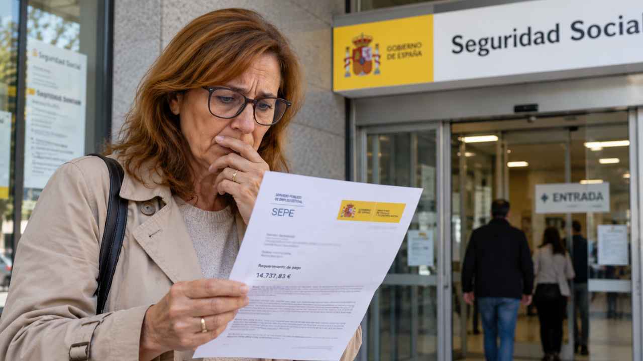 Mujer preocupada leyendo una reclamación de 14.737 euros del SEPE frente a una oficina de la Seguridad Social.