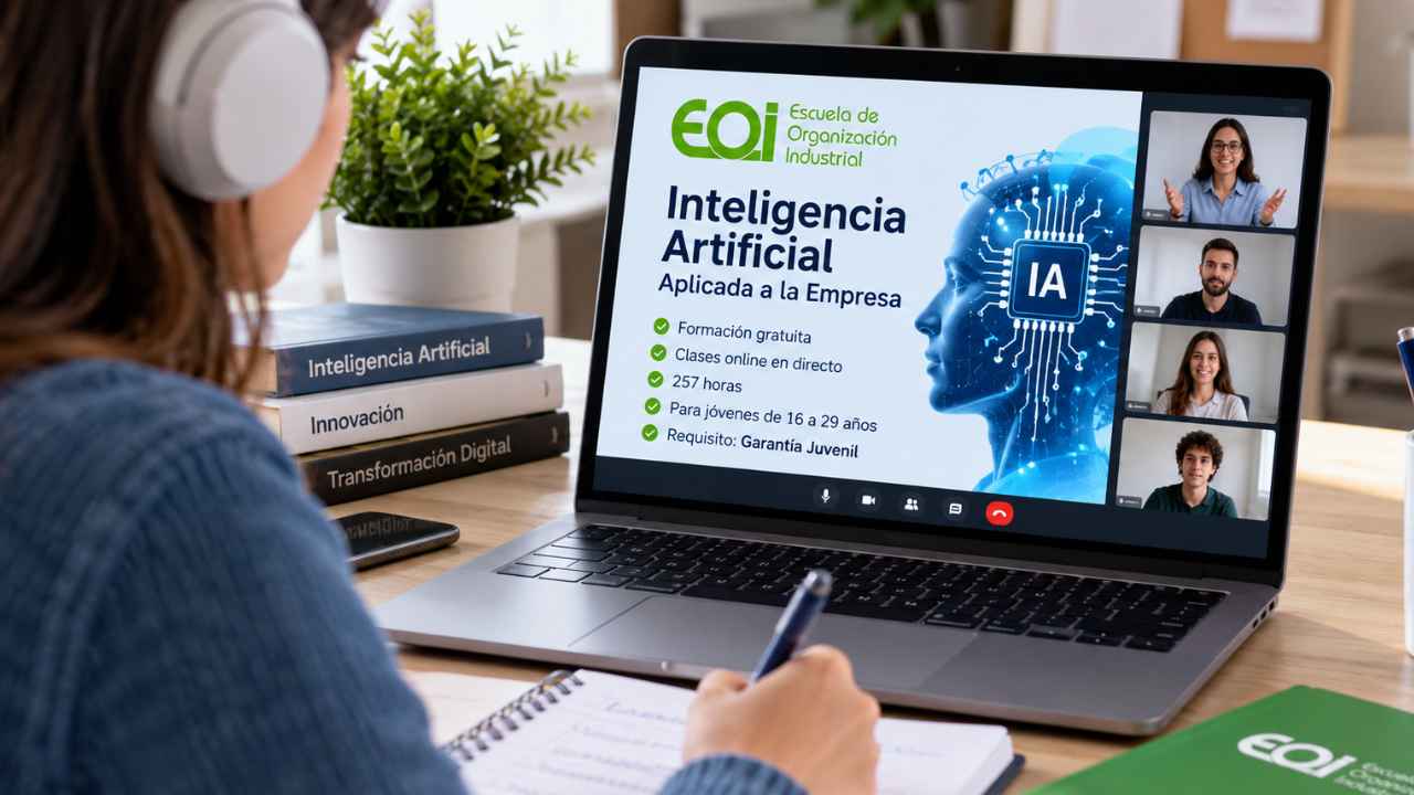 Joven siguiendo un curso gratuito de inteligencia artificial de EOI desde su ordenador portátil con clases online en directo