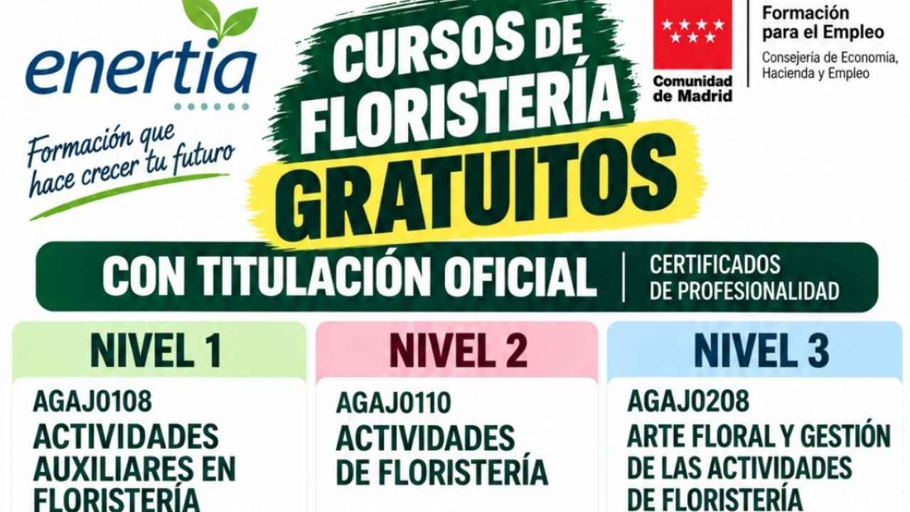 Cartel de tres cursos gratuitos de floristería en Coslada, Madrid, con certificados profesionales de niveles 1, 2 y 3 y hasta 600 horas de formación.