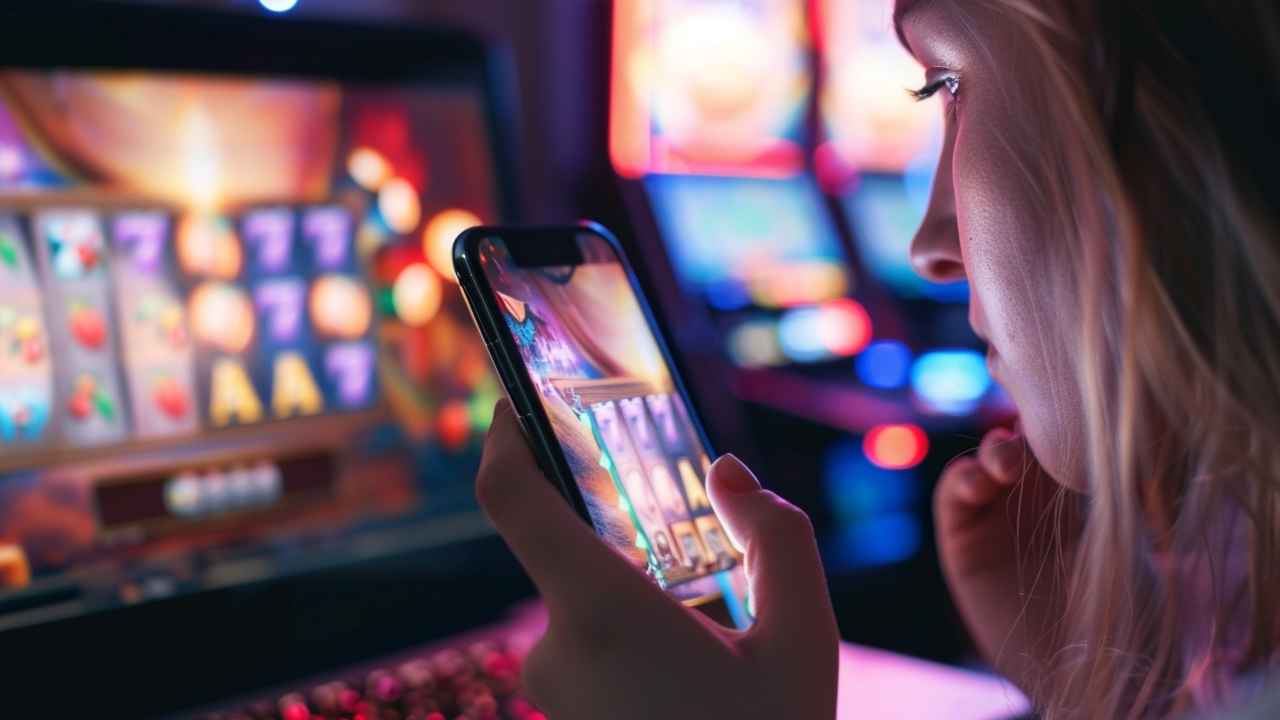 Mujer utilizando el móvil frente a máquinas de juego online, actividad que puede consultarse en el nuevo Portal del Jugador.
