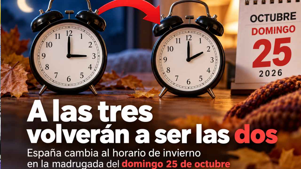 Dos relojes ilustran el cambio de hora en España del domingo 25 de octubre de 2026, cuando a las tres volverán a ser las dos.