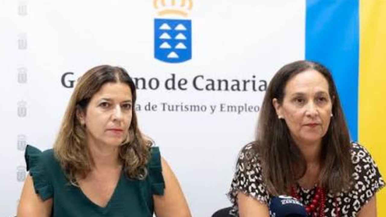 Dos representantes del Gobierno de Canarias durante una comparecencia ante los medios, con el logotipo institucional al fondo.
