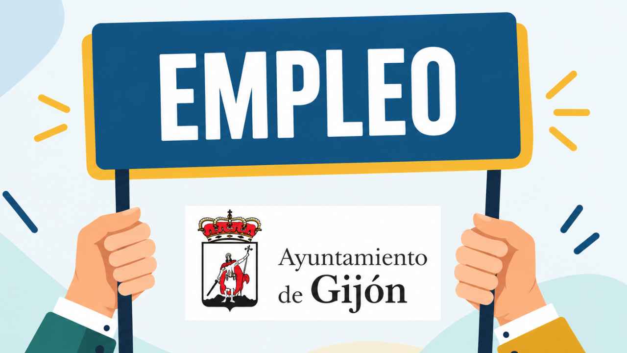 Ilustración de empleo público con el escudo del Ayuntamiento de Gijón para la convocatoria de seis plazas de Trabajo Social.