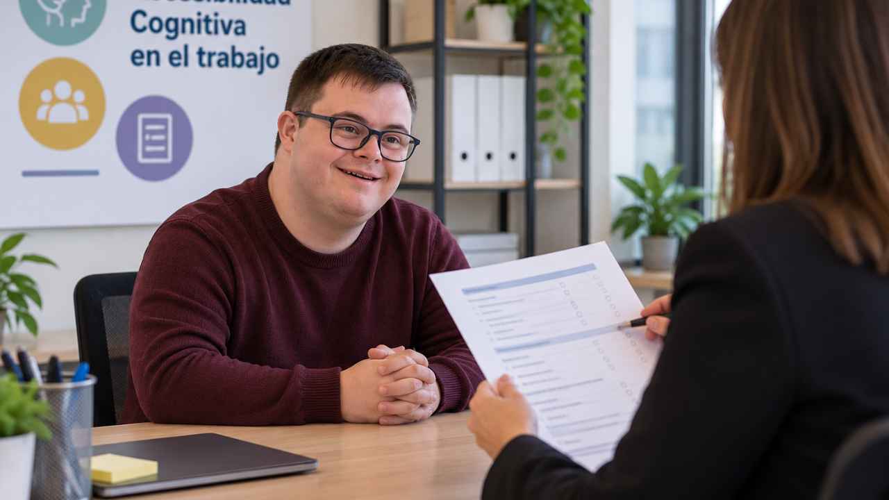 Joven con discapacidad intelectual participa en una entrevista de trabajo adaptada con documentos de lectura fácil y comunicación accesible.