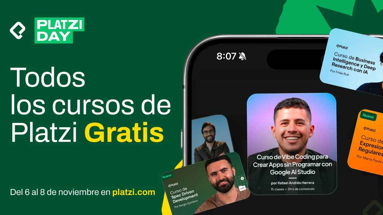 Cartel de Platzi Day que anuncia más de 2.000 cursos online gratis del 6 al 8 de noviembre de 2026.