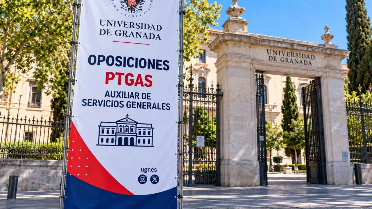 Entrada de la Universidad de Granada con un cartel de oposiciones para Auxiliar de Servicios Generales del personal PTGAS.