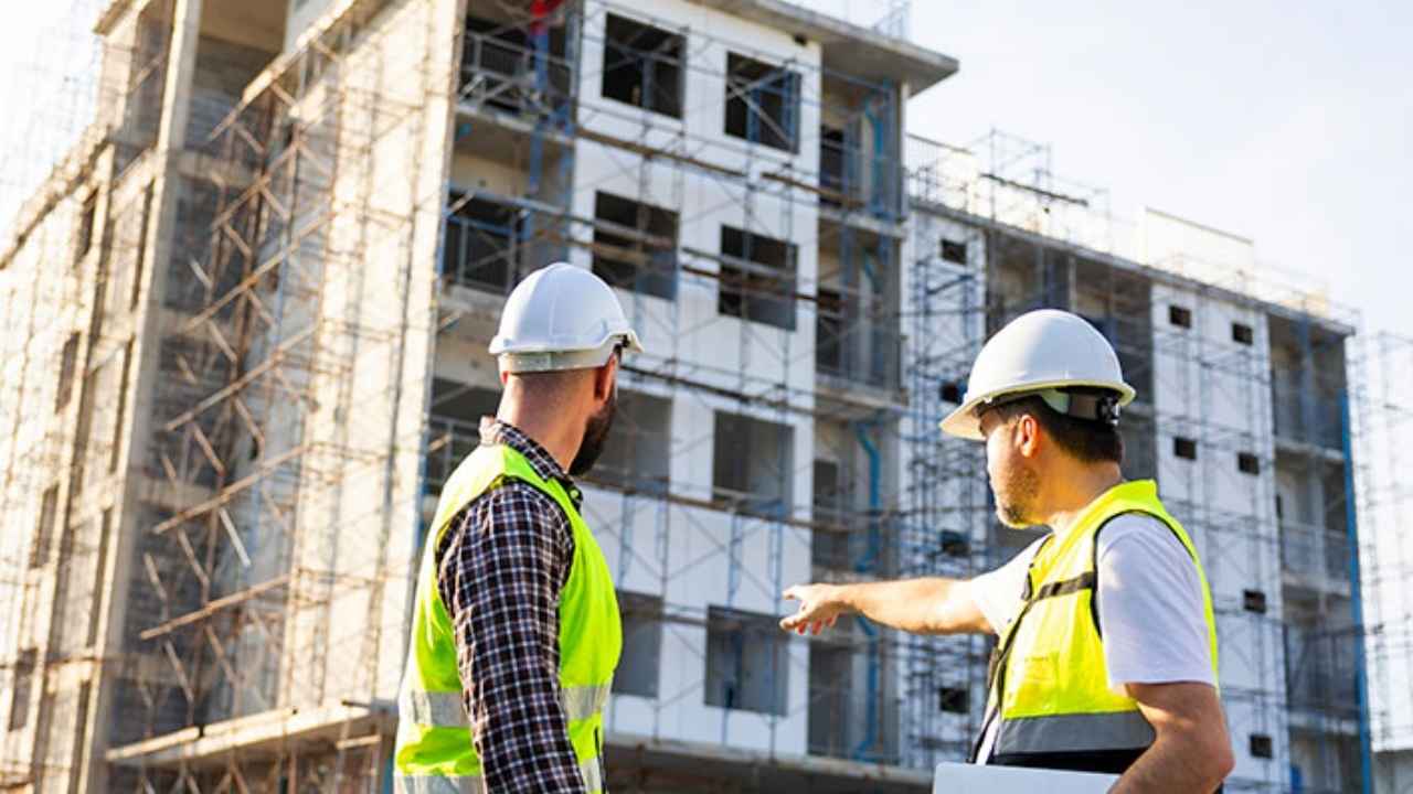 Dos trabajadores de la construcción con casco y chaleco de seguridad frente a un edificio en obras.